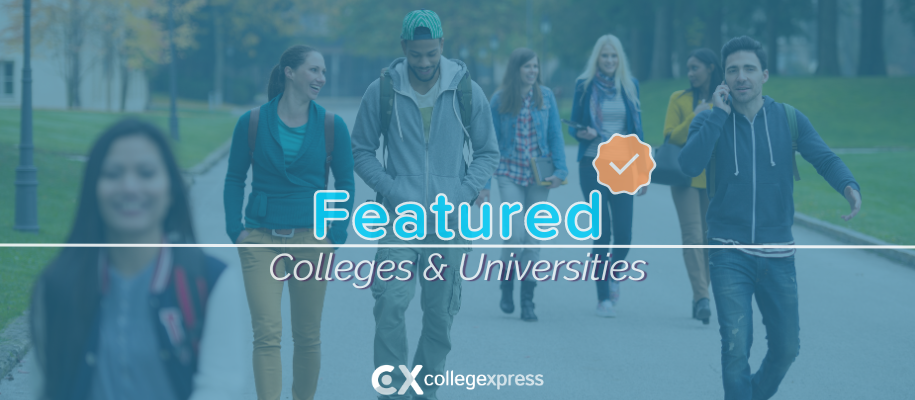 Diverse older students walking wide path on campus, featured schools logo