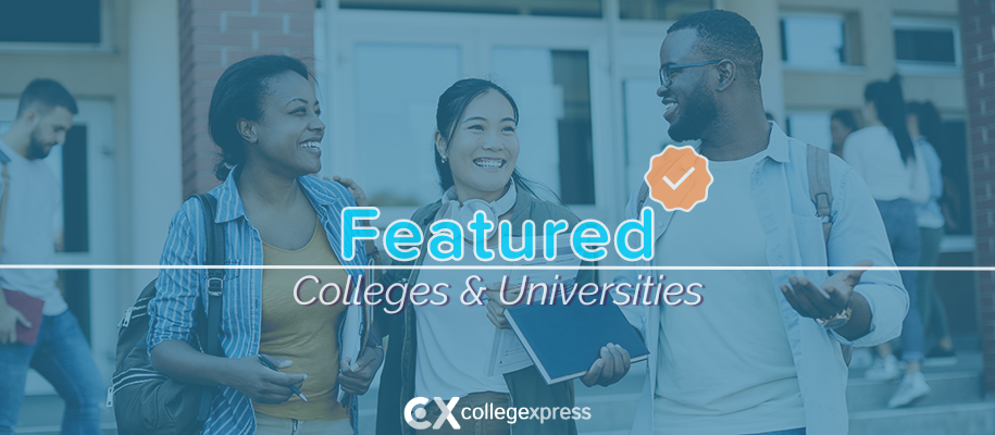 Asian woman, Black man and woman smile & laugh on campus, featured schools logo