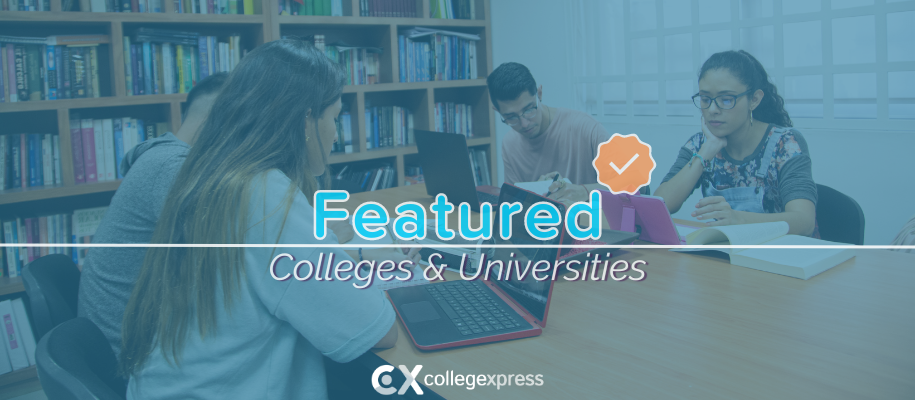 4 Hispanic students in library with laptops and books, featured schools logo