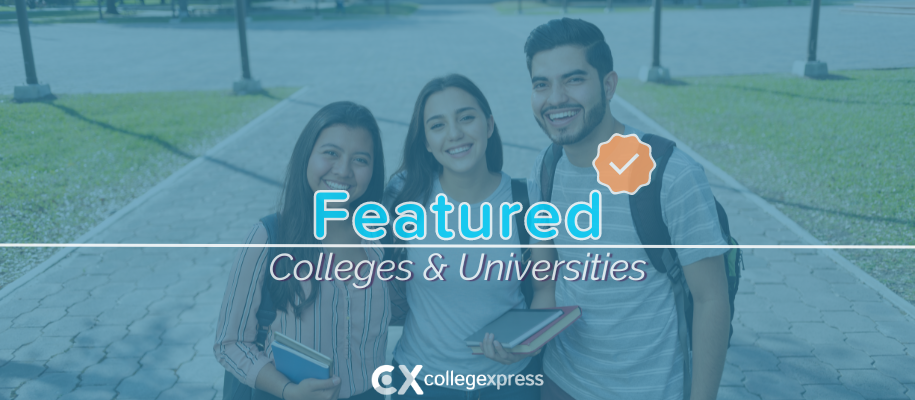 Two Hispanic women and man smile on campus bags, books, featured schools logo