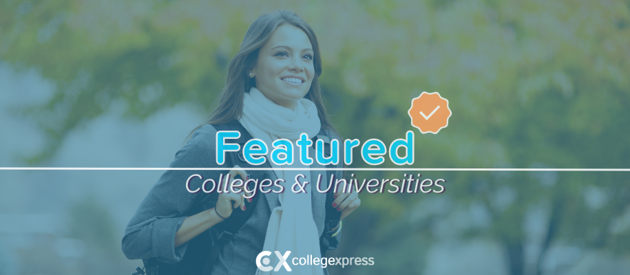 Brunette in scarf, backpack looks happy on campus in fall, featured schools logo