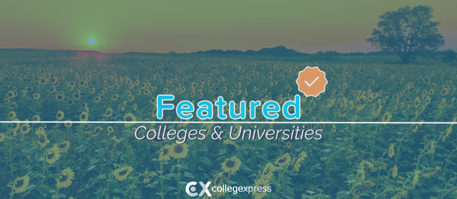 Field of sunflowers, tree silhouette against orange sky, featured schools logo