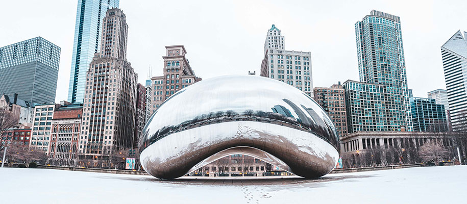 Panorama of “The Bean” Cloud Gate at Millennium Park on a gray day in Chicago