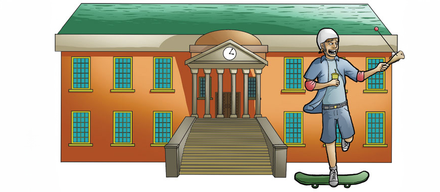 Cartoon drawing, male student on skateboard with paddleball in front of building