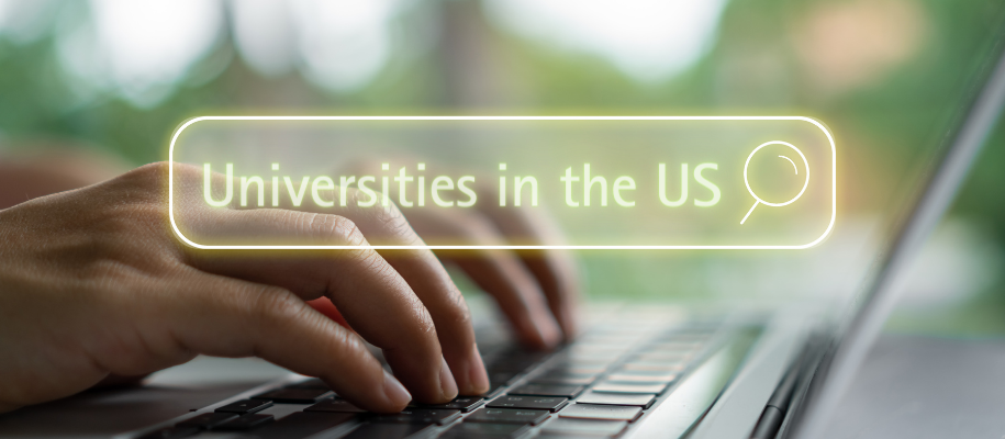 White hands typing on computer, overlay of search bar with Universities in US