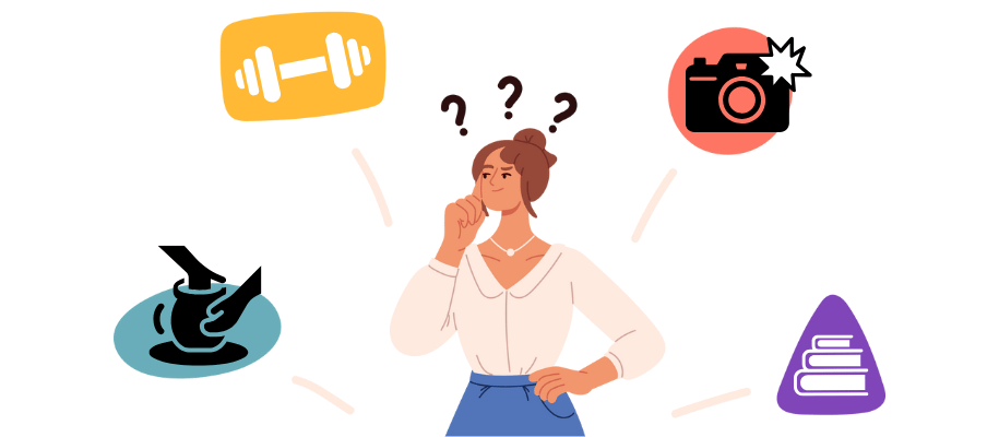 Student with thought bubbles: pottery, weight-lifting, photography, books