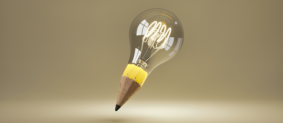 Digital art of floating pencil tip turning into lit light bulb
