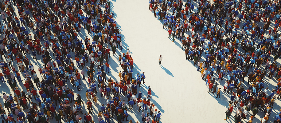 Digital art of man standing alone in empty path between crowds of people