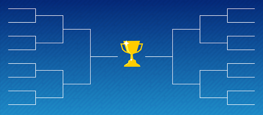 Empty bracket layout with trophy in the center on blue striped background