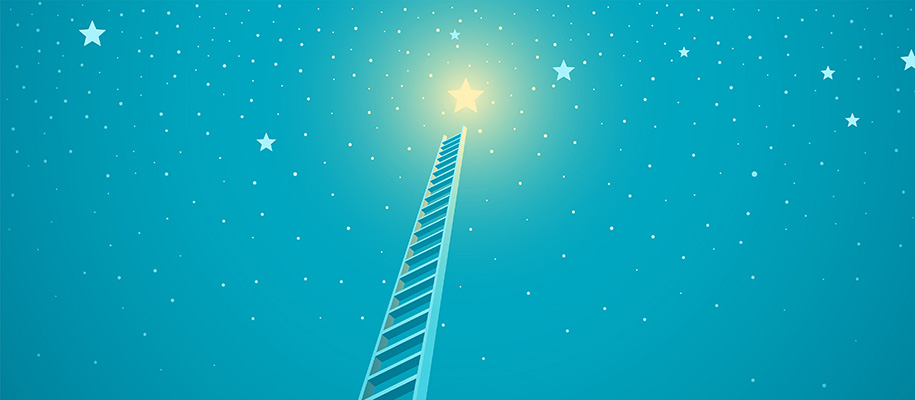 Digital art of really tall ladder reaching to bright star in star-filled sky