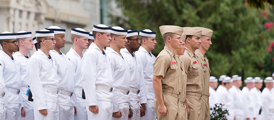 Plebes in noon formation at Tecumseh Court at the Navy Academy in Maryland