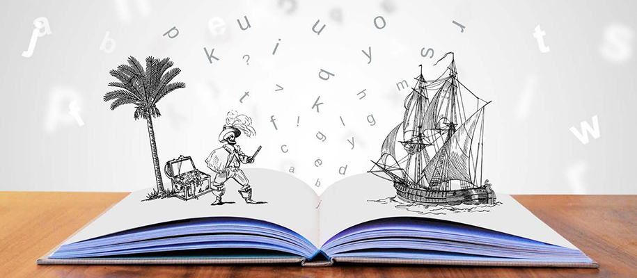 Open book drawings of pirate with treasure and ship with letters floating in air