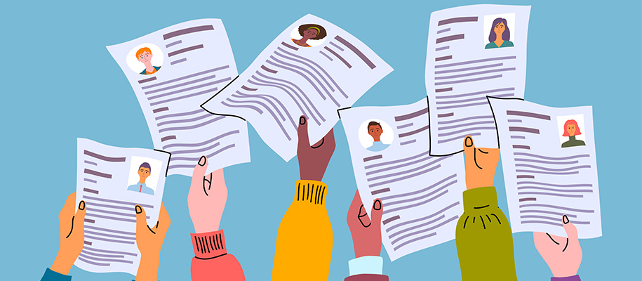Digital art of arms of diverse people holding up resumes with headshots