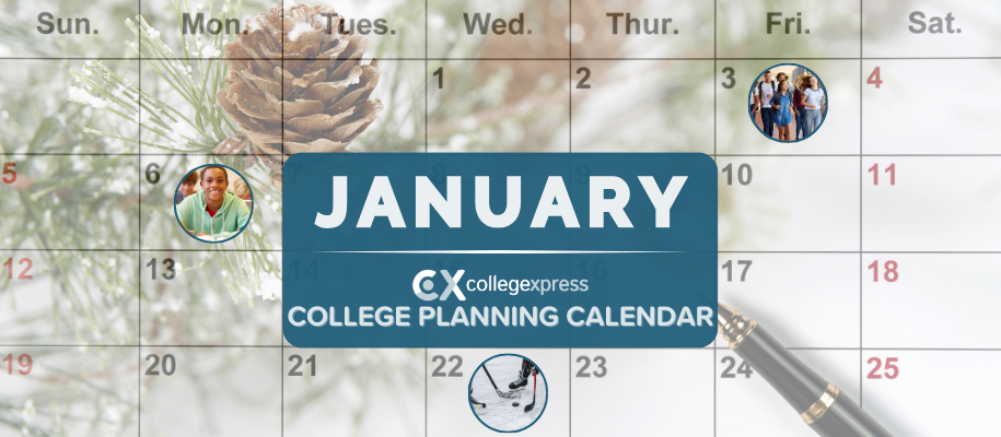 Calendar over winter pine trees, CX and January College Planning Calendar logo