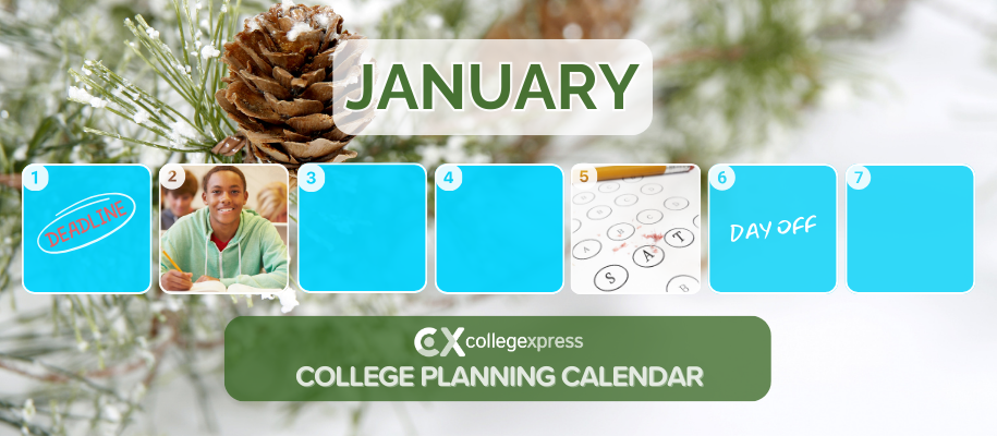 January College Planning Calendar squares with student, winter images, CX logo