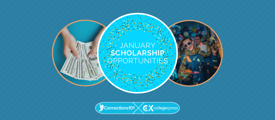 Circles with money, woman partying, and January scholarship opportunities