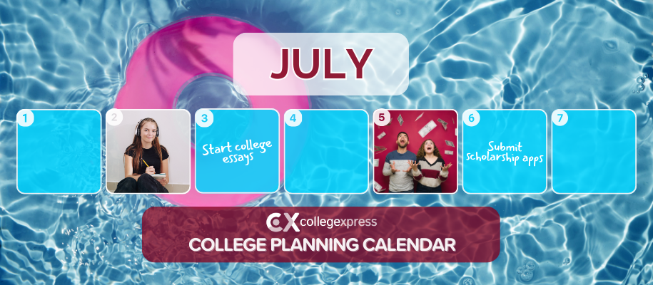 Calendar with images of pool with floaty, people with money, girl with notebook