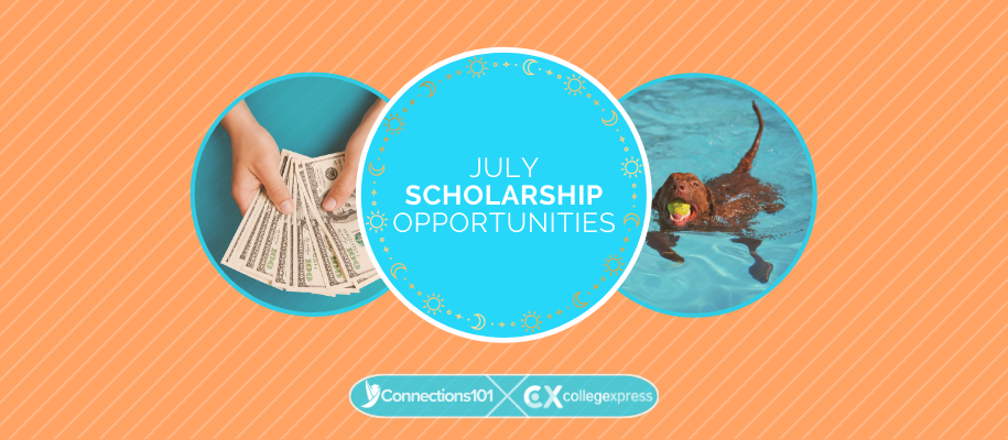 Circles with money, dog in pool, suns, moons, July scholarship opportunities