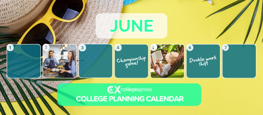 College Planning Calendar squares w/ students at work, person reading in hammock