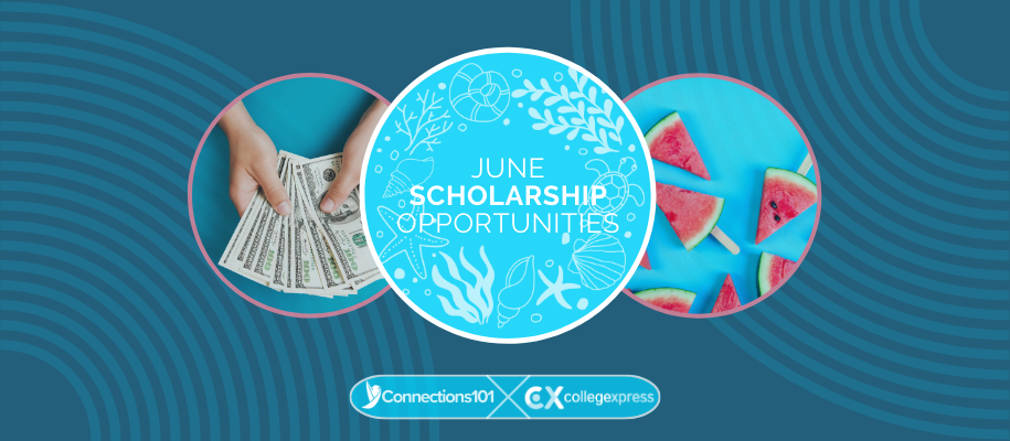 Circles with money, watermelon, sea life, June scholarship opportunities