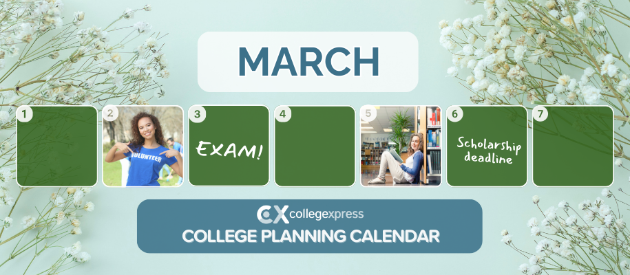 March CPC logo with school calendar, girl volunteering, girl in library, flowers