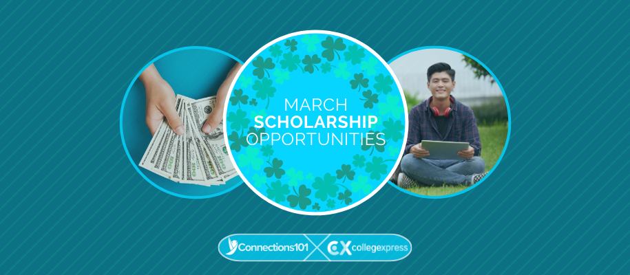 Circles with money, person outside with tablet, March scholarship opportunities