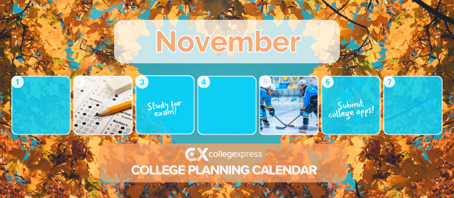 College planning calendar with images of test, hockey players, CX logo