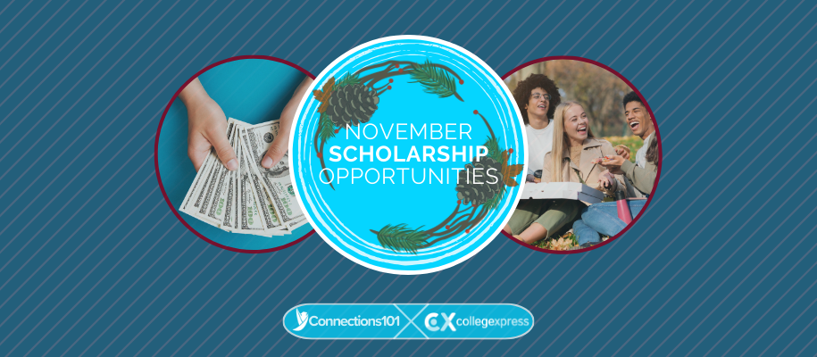 Circles with money, leaves, smiling students, November scholarship opportunities