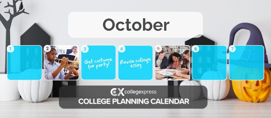 Calendar, Halloween decorations with CX logo and students studying, playing horn