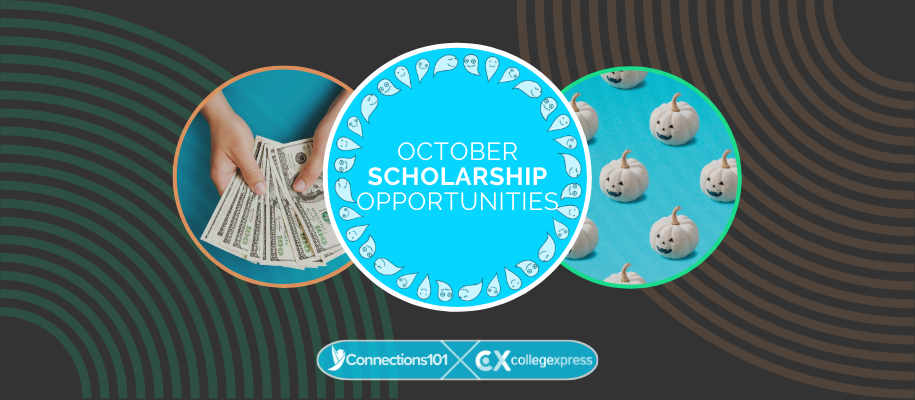 Circles with money, white pumpkins, ghosts, October scholarship opportunities