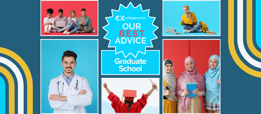 Collage of grad students with books, laptop, medical coat, Our Best Advice logo
