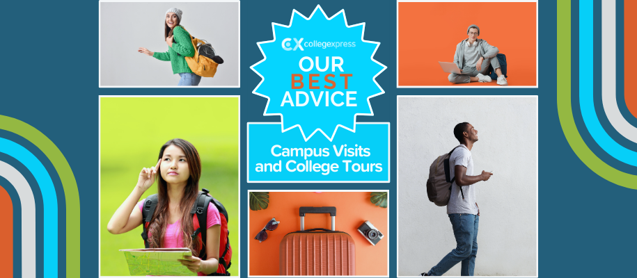 Collage of solo students walking, on laptop, luggage, our best advice logo