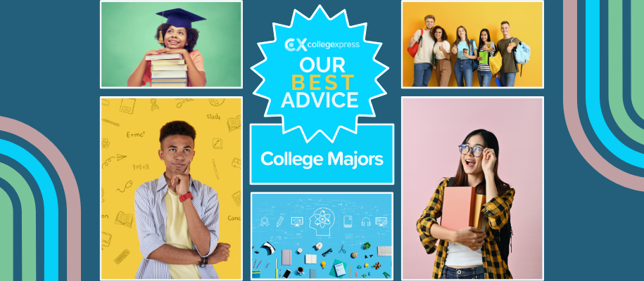 Collage of diverse students with books, bags with Our Best Advice logo