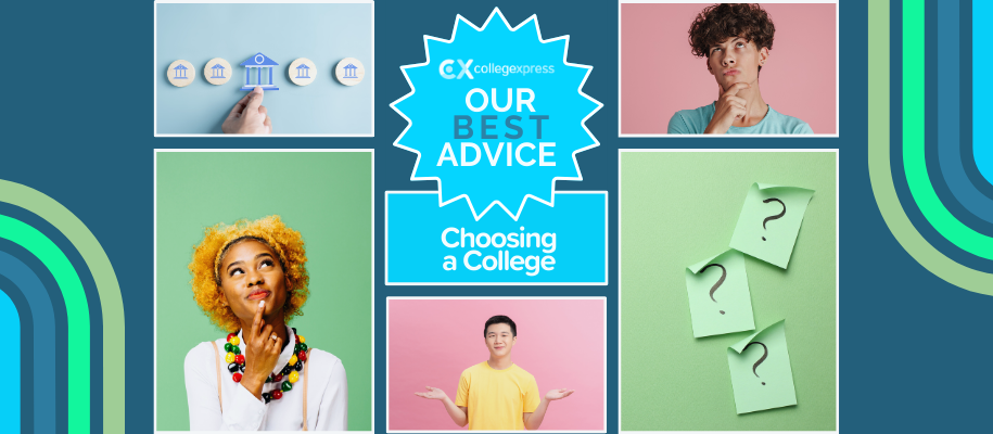 Collage of students thinking, objects, and CX our best advice logo