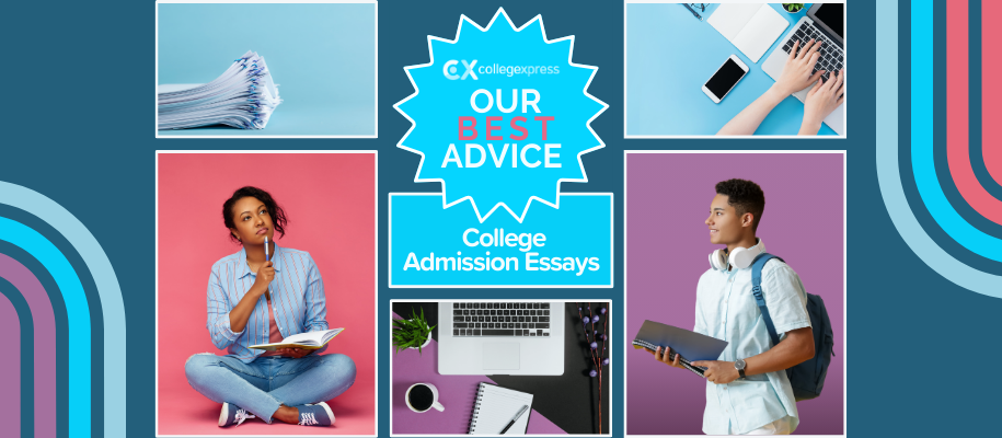 Collage of students thinking, writing, papers, laptop, our best advice logo