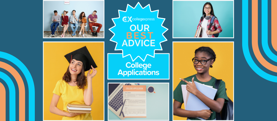 Collage of students, college applications, interview, CX our best advice logo