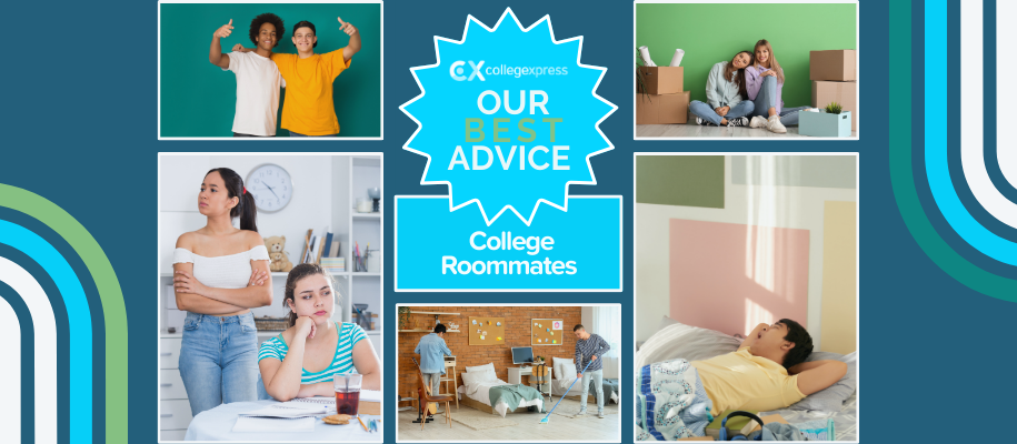 Our Best Advice collage of college roommates smiling, cleaning, fighting