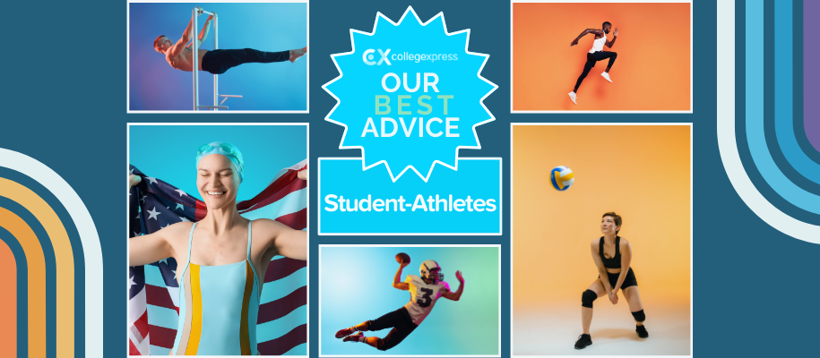 Collage of CX Best Advice logo and diverse student-athletes on colorful backdrop