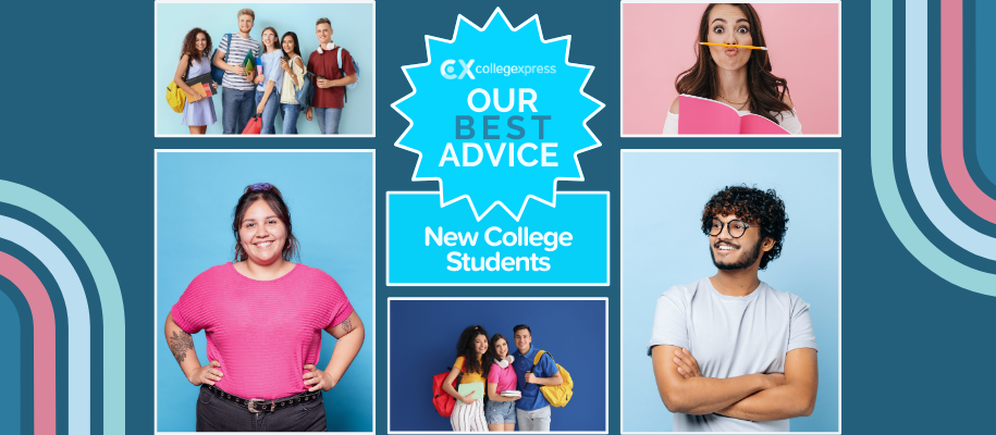 Collage of confident young students with our best advice logo