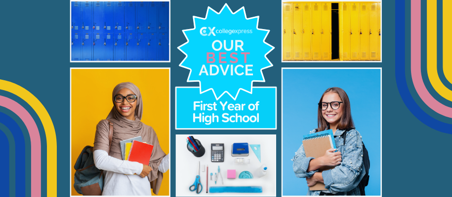 Collage of lockers, school supplies, students with books, best advice logo