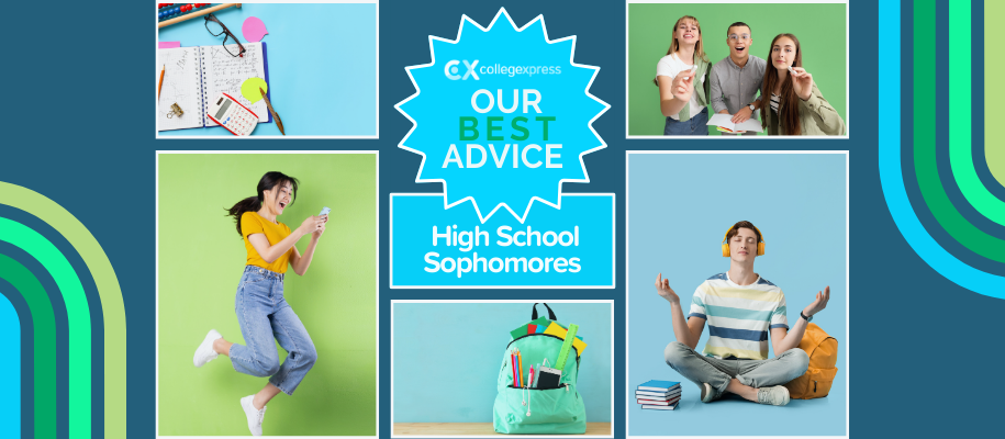 Collage of students with school supplies, backpacks, our best advice logo