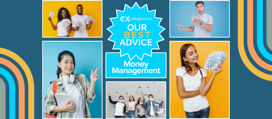 CX Our Best Advice logo with excited students and students with money
