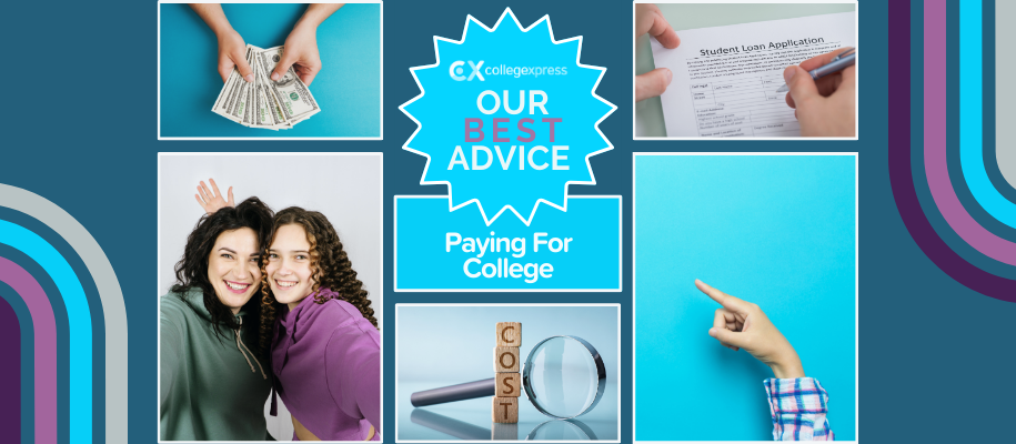 Collage of money, loan applications, parent and child, our best advice logo
