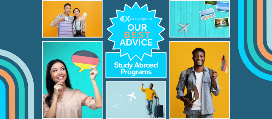 Collage of students with luggage, country flags, airplanes, best advice logo