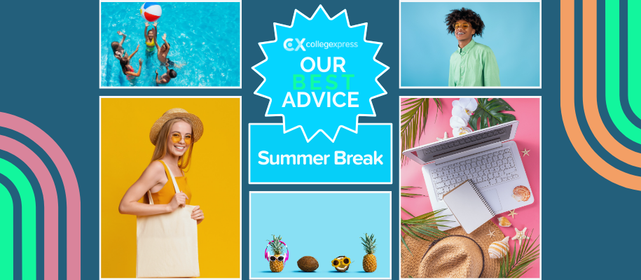 Collage of students, summer things, and CX our best advice logo