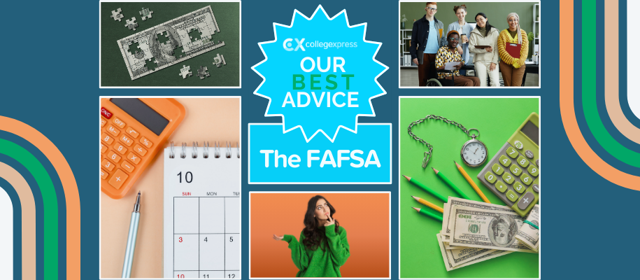 Collage of students, money, calculators with our best advice logo