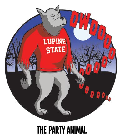 Party Animal, grey werewolf in red college sweatshirt