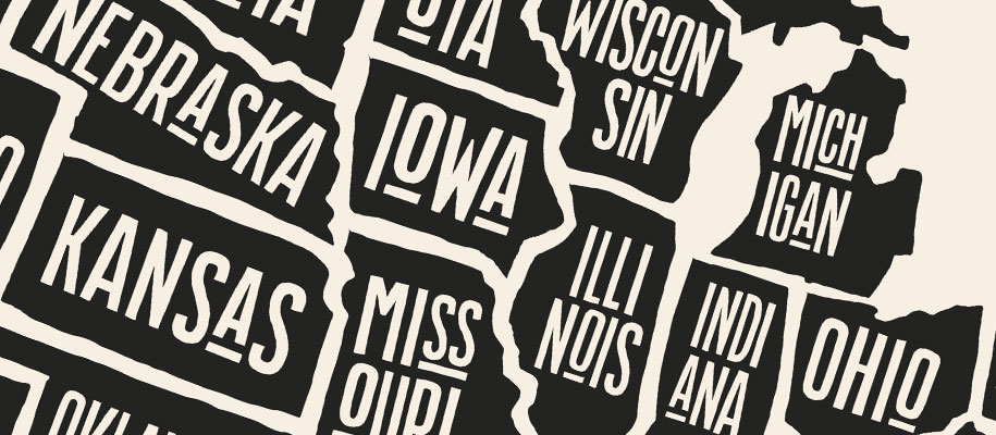 Closeup of Midwestern states on black and white illustrated broken US map