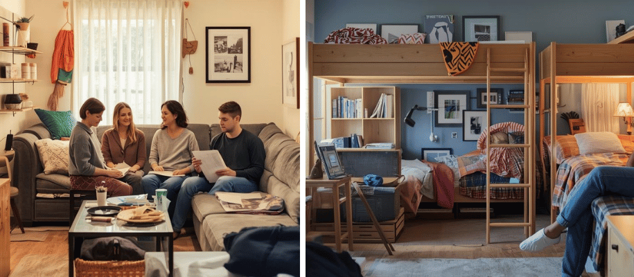 Divided image: young adults on a couch (lt); dorm room with two bunkbeds (rt)