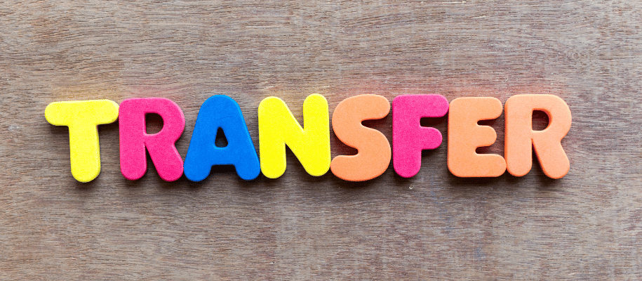 Colorful foam letters spell out, "transfer."